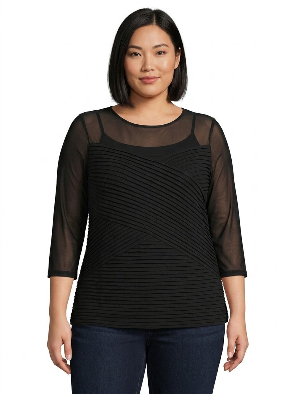 Caché Black Pleated Chevron Sheer 3/4 Sleeve Lined Top Women Size XL